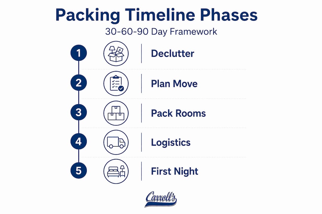 Infographic of phased packing timeline steps