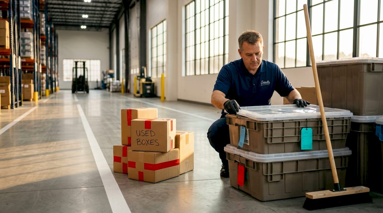Worker inspecting pest-resistant storage bins