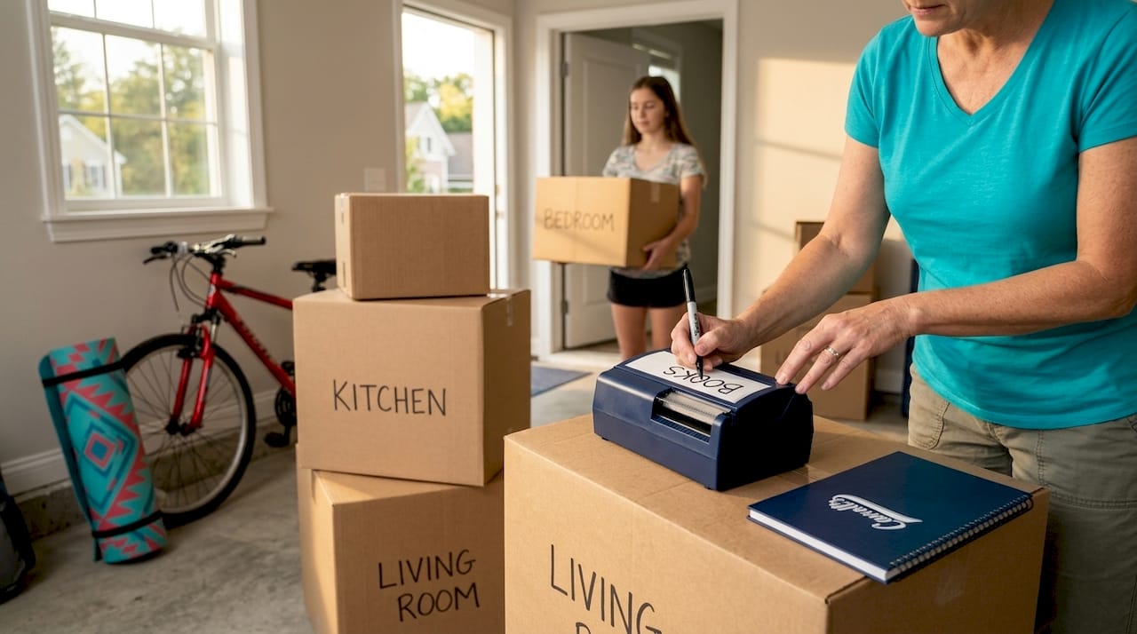 Labeled moving boxes on garage floor