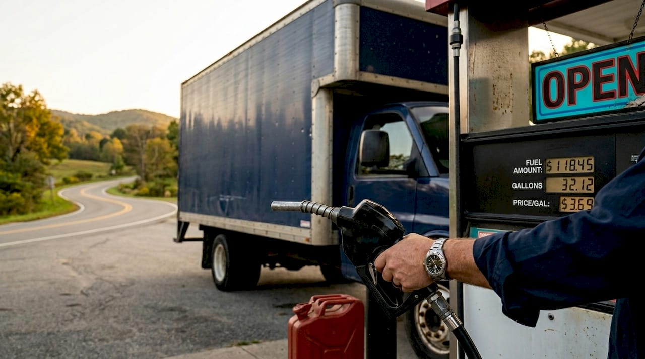 Rental truck fueling at gas station