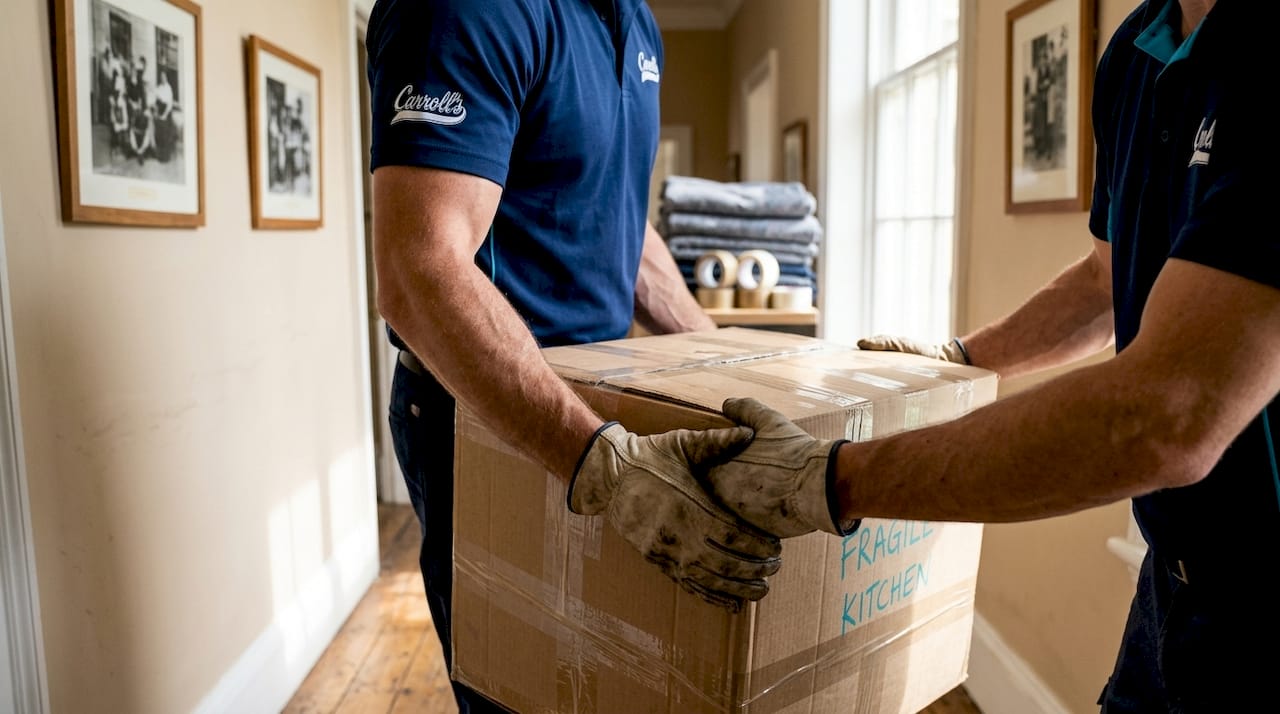 Movers lifting heavy packed moving box