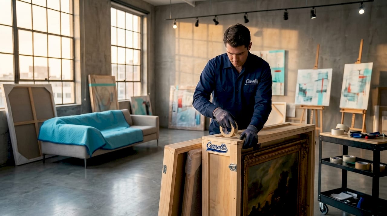 Mover packing valuable painting in custom crate