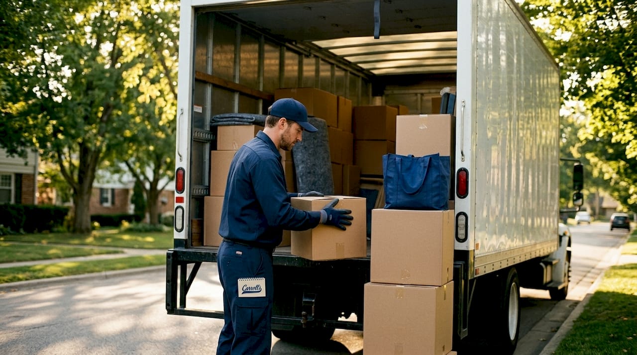 Mover loading boxes into moving truck outdoors