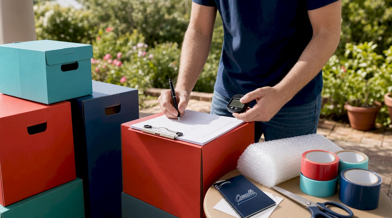 Hands sorting packing boxes with checklist