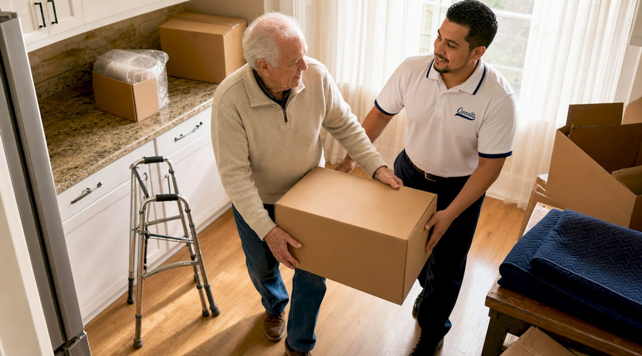 Mover assisting senior during careful relocation