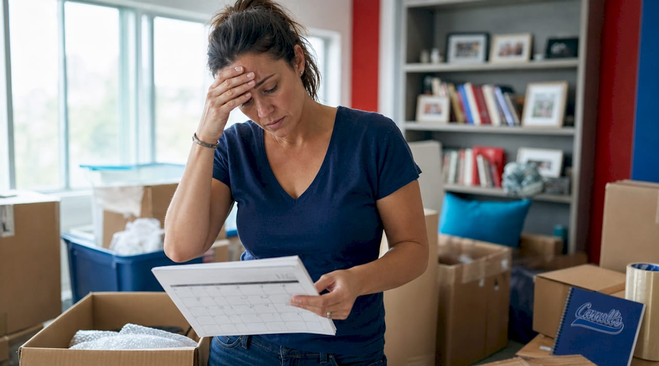 Stressed woman managing moving logistics at kitchen table