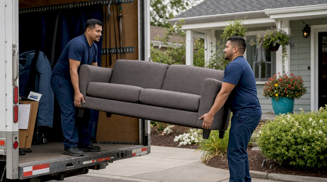 Local movers carrying sofa down stairs