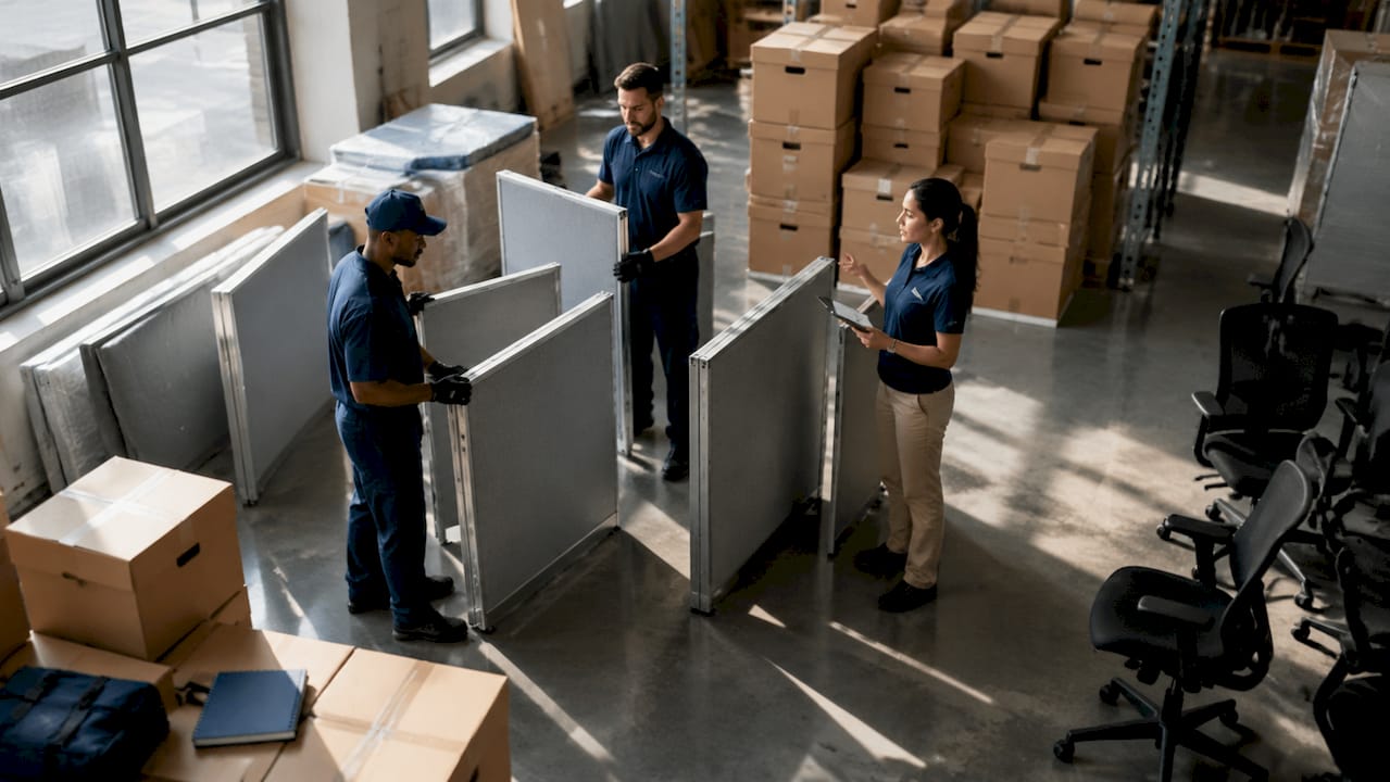 Movers loading modular office furniture