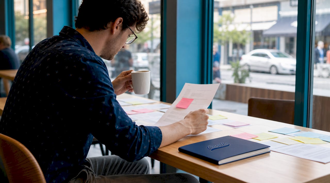 Man reviewing moving insurance documents at desk