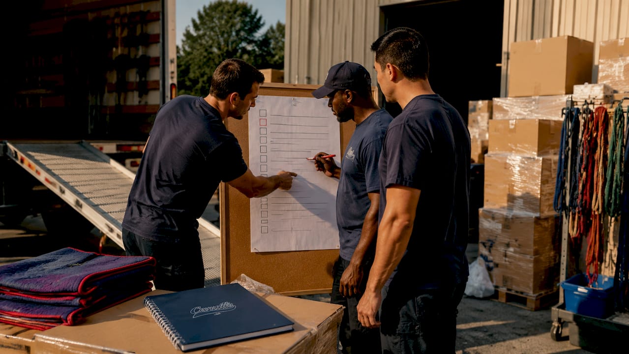 Mover hands coordinating roles with checklist indoors