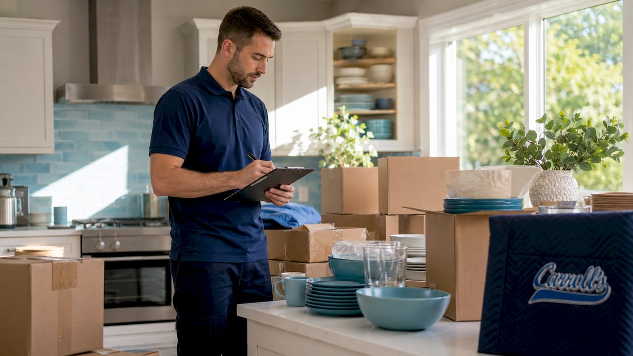 Mover assessing household items in living room