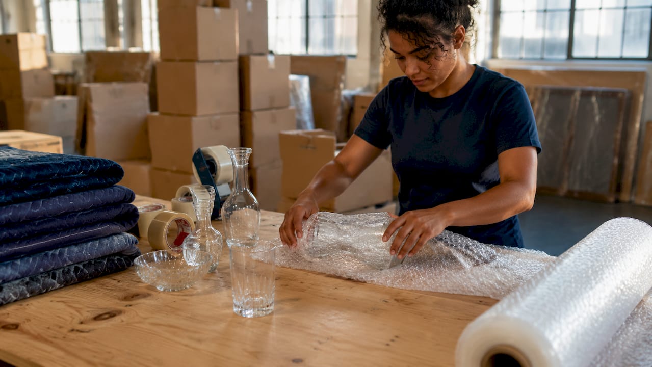 Hands wrapping glassware with bubble wrap
