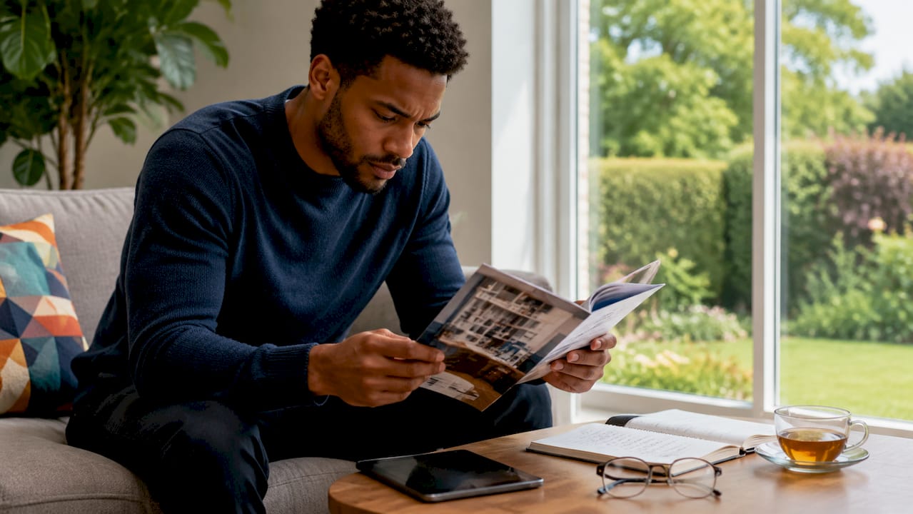 Man deciding storage options at kitchen table