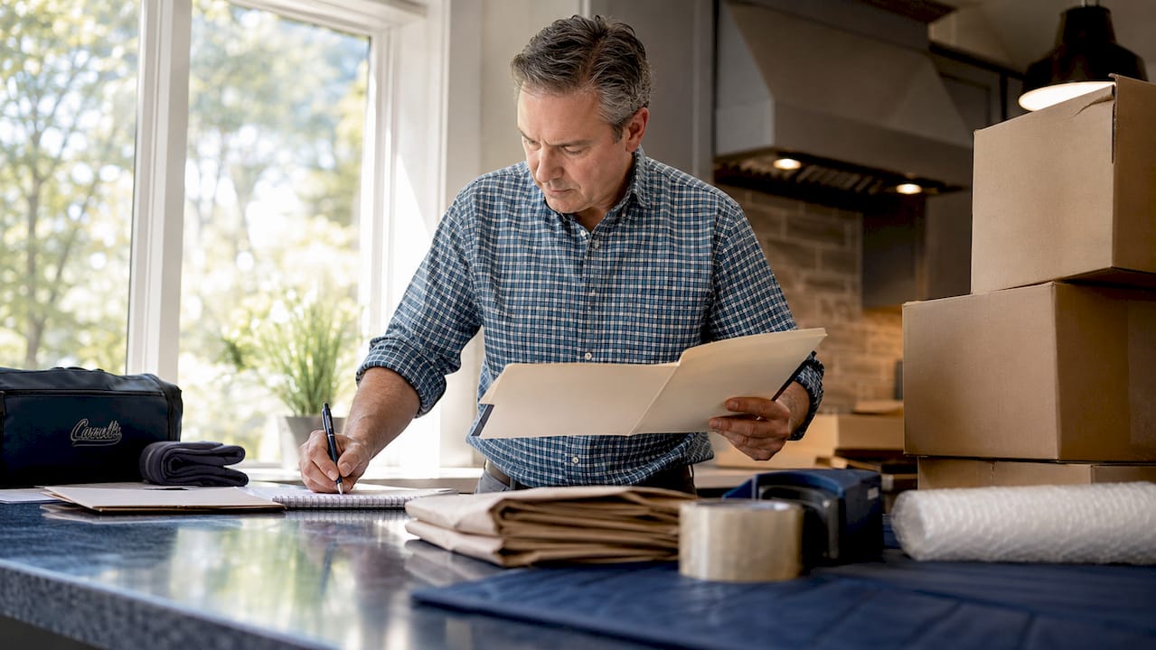 Senior Move Manager reviewing moving documents