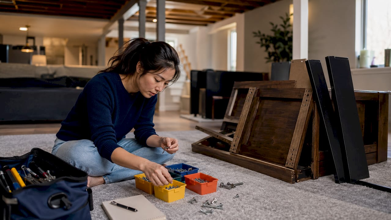 Woman sorting hardware during furniture disassembly
