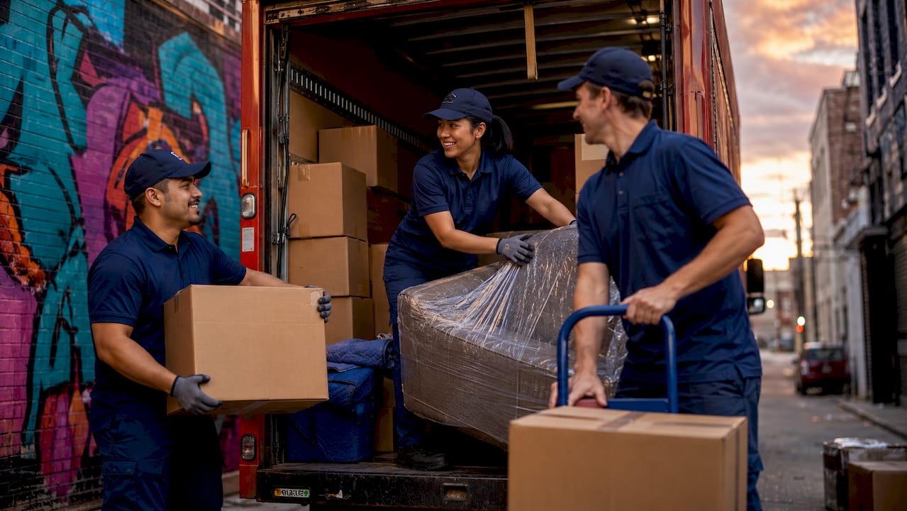 Moving crew loading boxes into truck from overhead