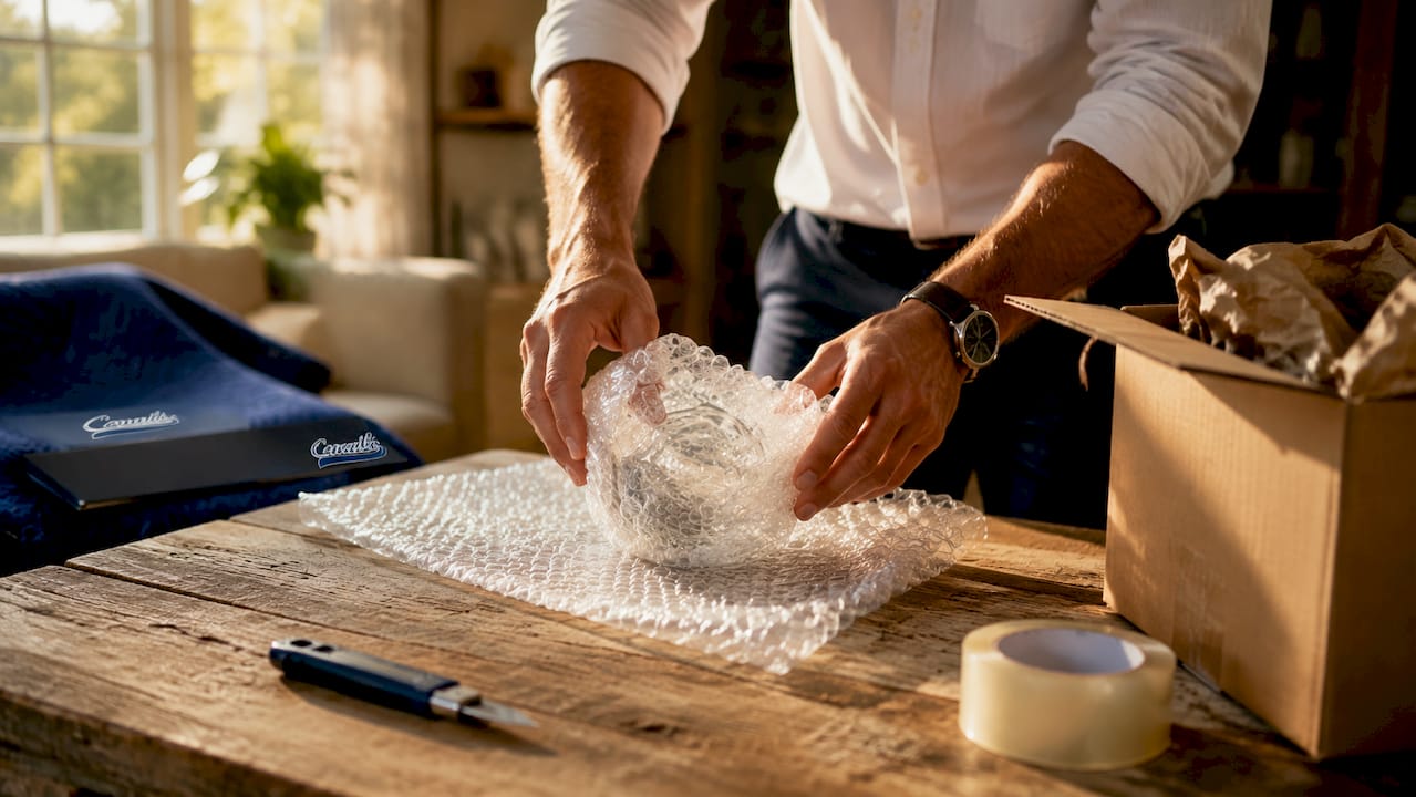 Mover wrapping fragile item with bubble wrap