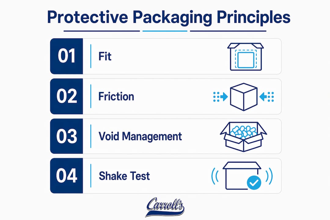 Infographic illustrating fit, friction, void management, and shake test principles in packing