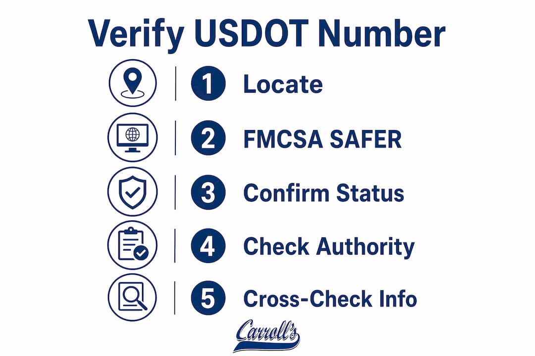 Infographic illustrating steps to verify USDOT number