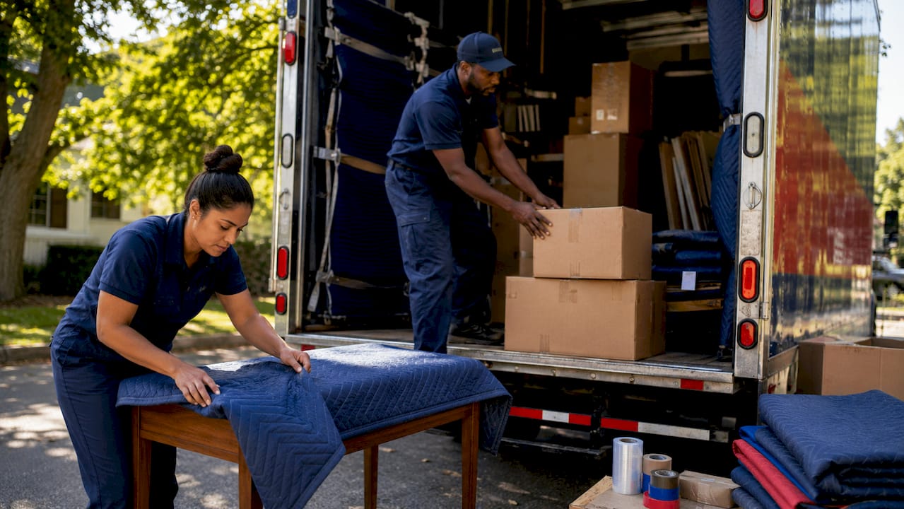 Movers carefully loading moving truck outdoors
