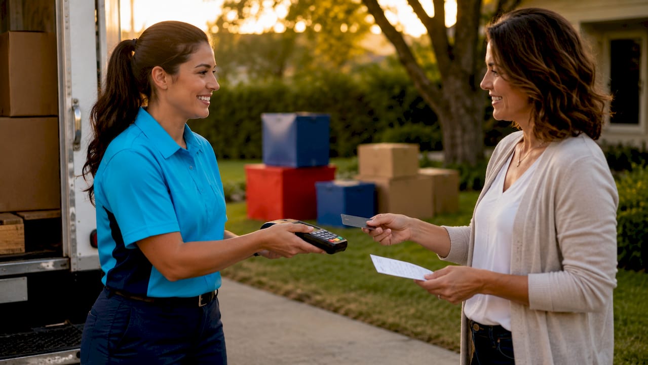 Mover and homeowner completing payment outside house