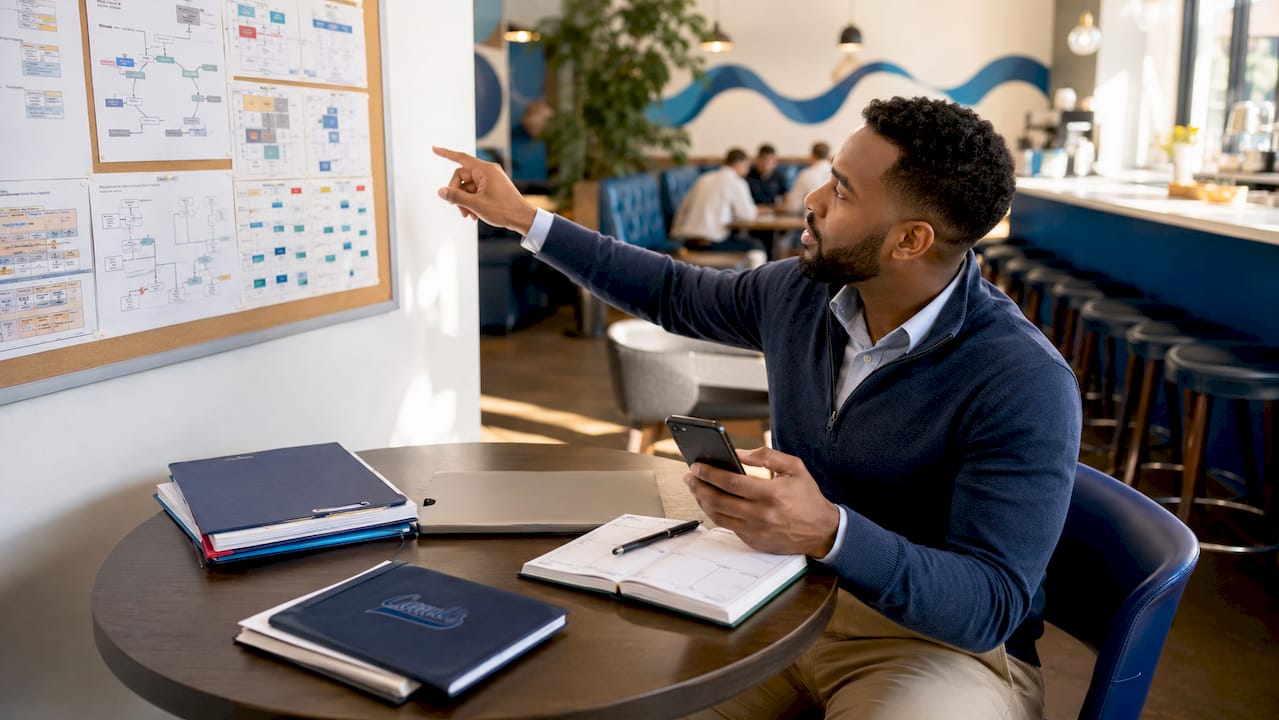 Broker coordinating moving services in office