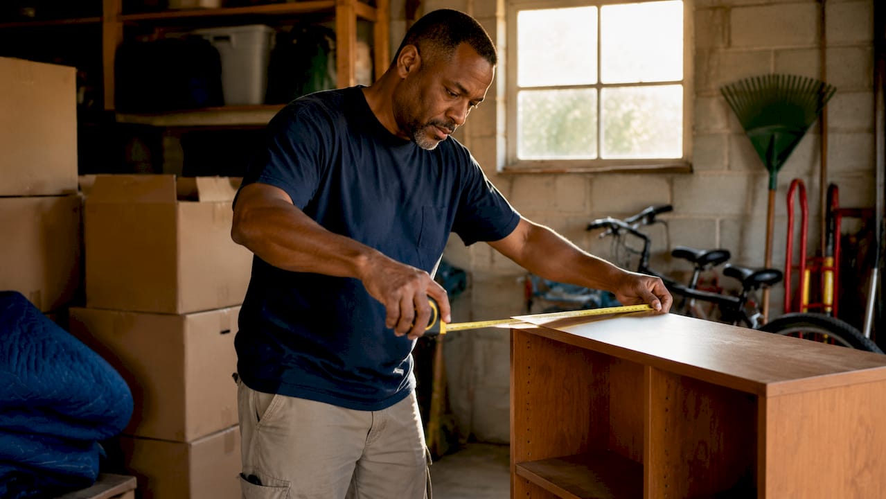 Hands measuring furniture for moving