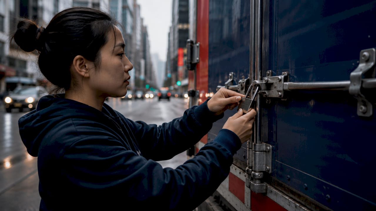 Hands locking moving truck door with padlock
