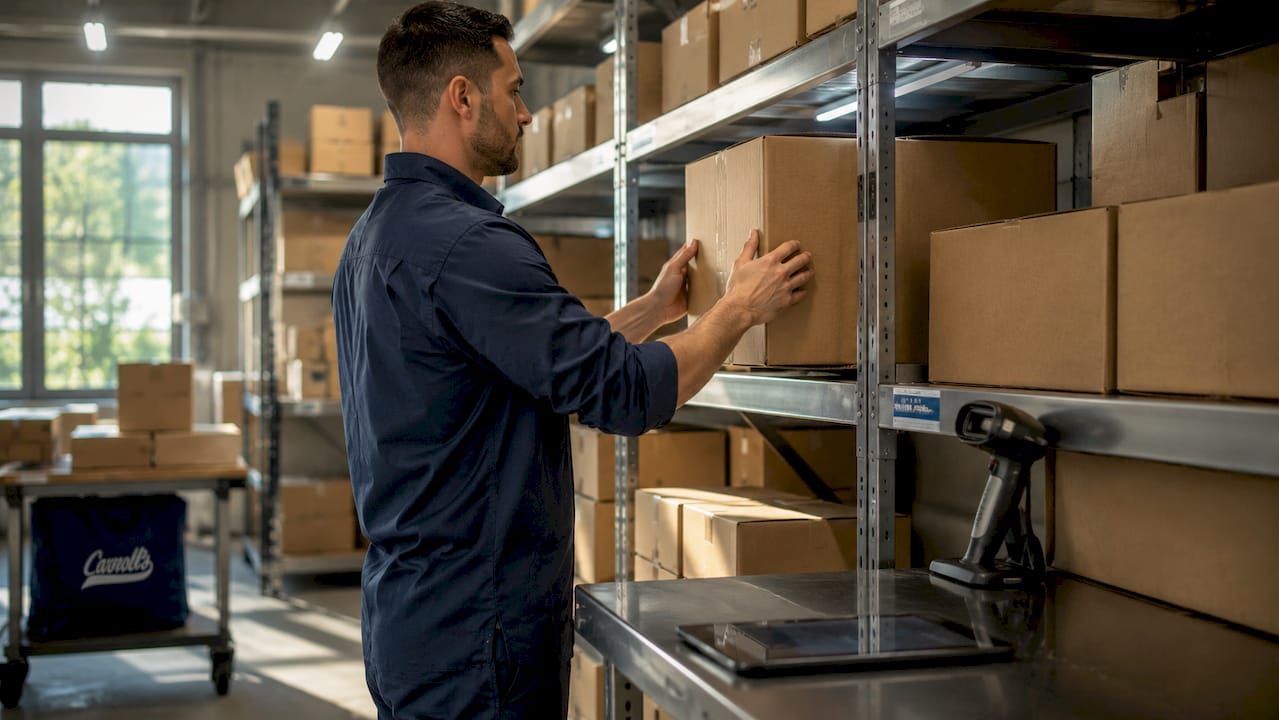 Hands holding tablet with storage inventory app