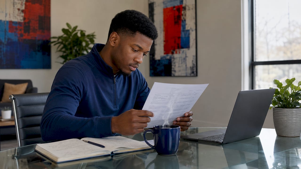 Hands holding moving company license documents on desk