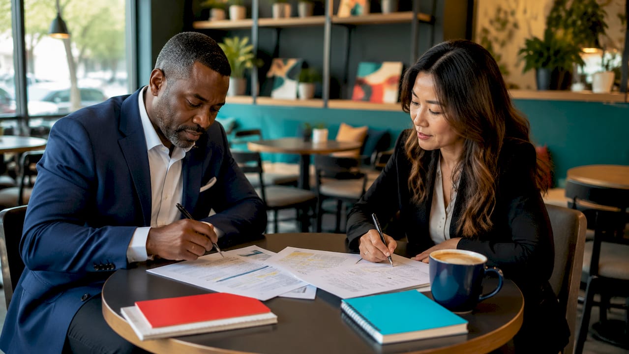 Two professionals discussing moving estimate types at conference table