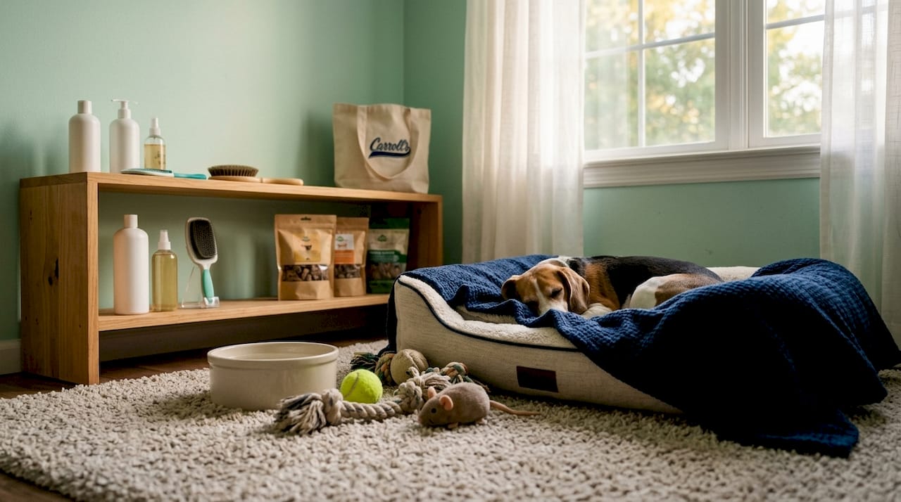 Cozy pet safe room with bed and toys