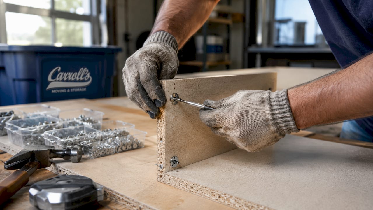 Hands tightening cam locks on furniture panels