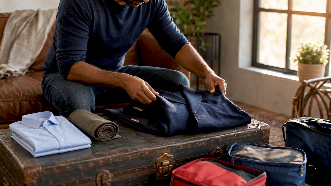 Hands folding blazer on wooden table