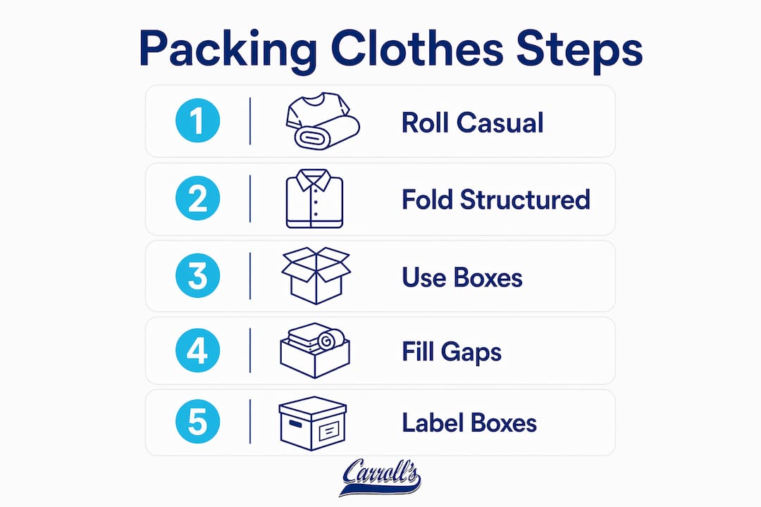 Infographic illustrating clothing packing steps