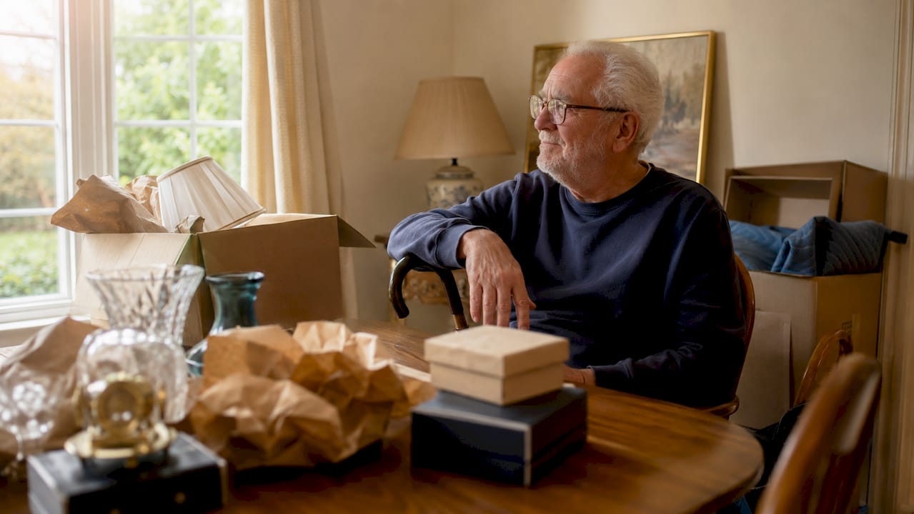 Elderly man resting during packing, relieved from strain