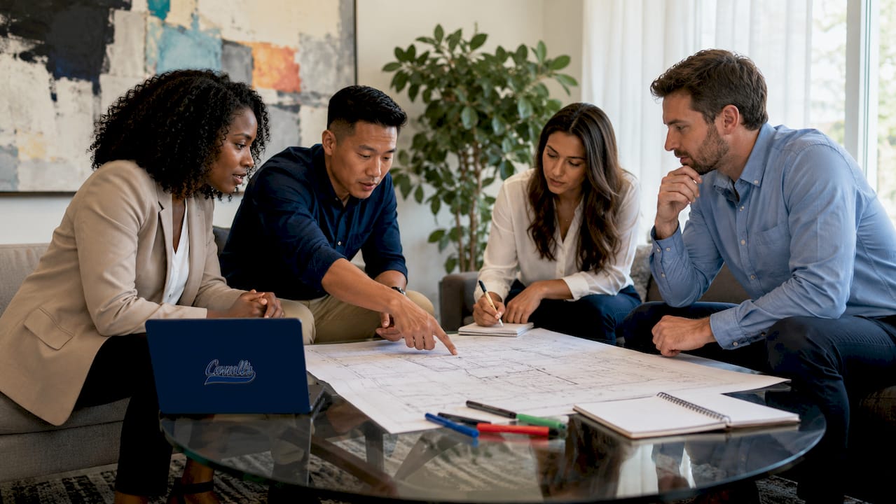 Team coordinating commercial move in meeting room