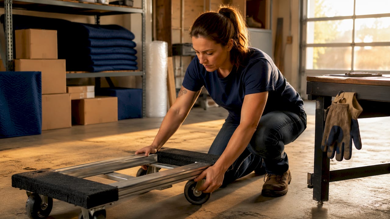 Mover inspecting dolly wheels and frame close-up