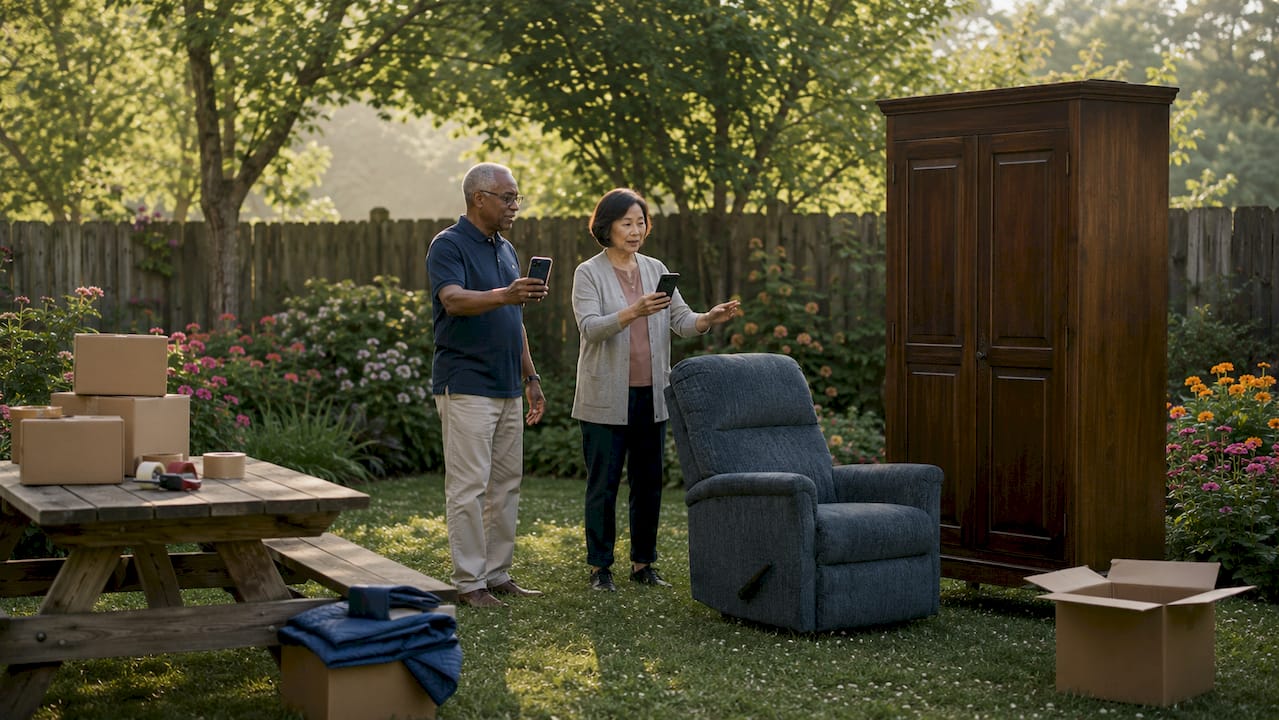 Two retirees photographing furniture for sale outdoors