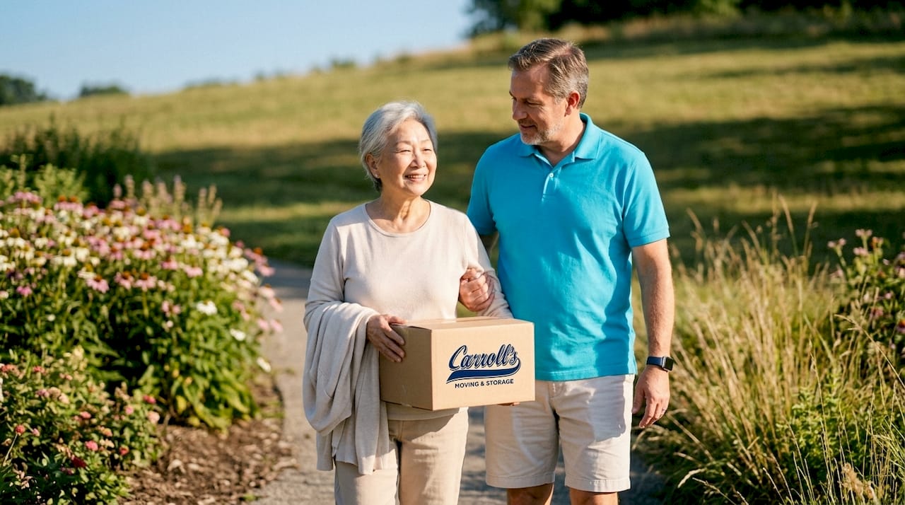 Man supporting elderly woman during move outdoors