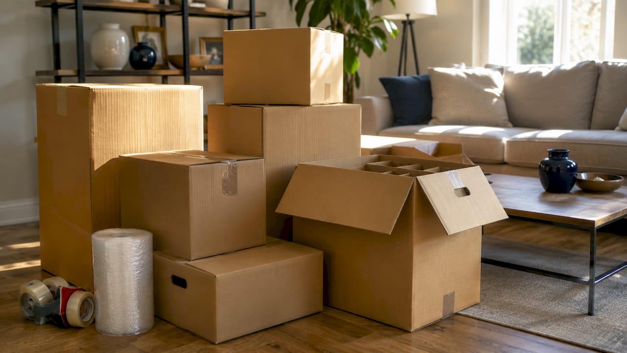 Various sizes and types of moving boxes stacked on warehouse floor