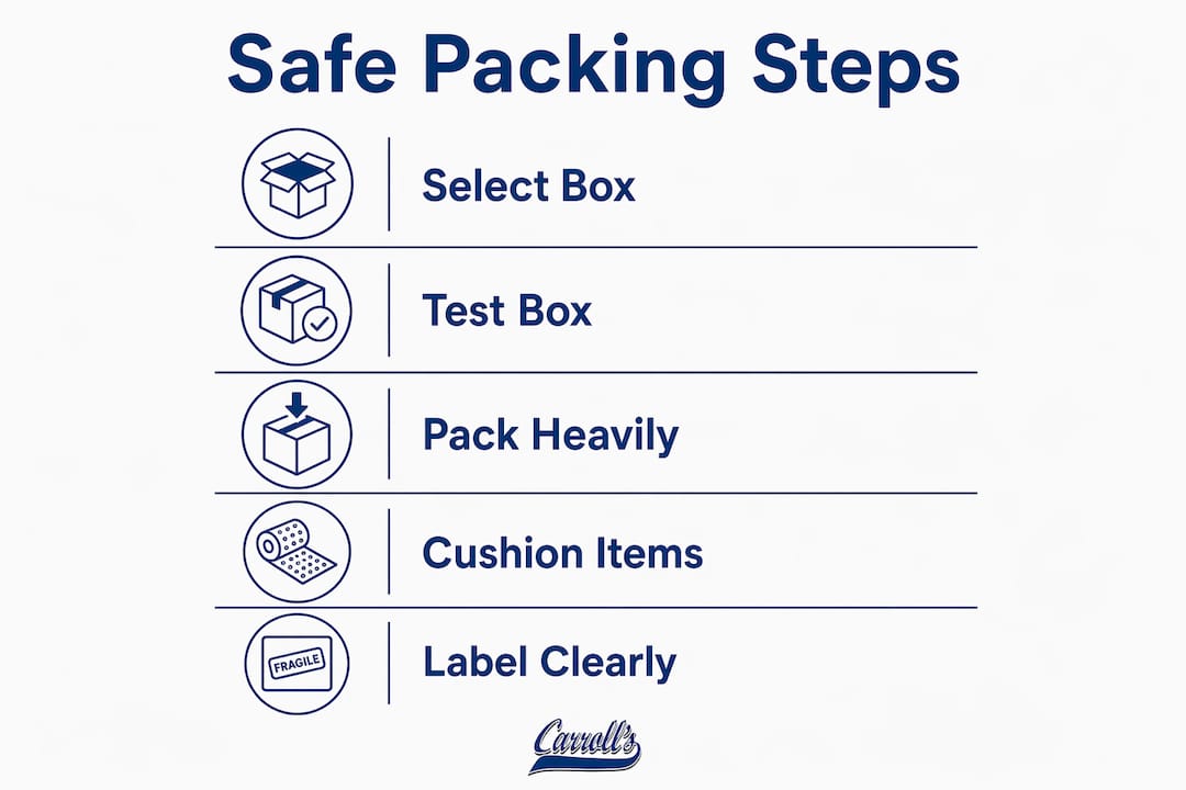 Infographic illustrating safe box packing steps for moving