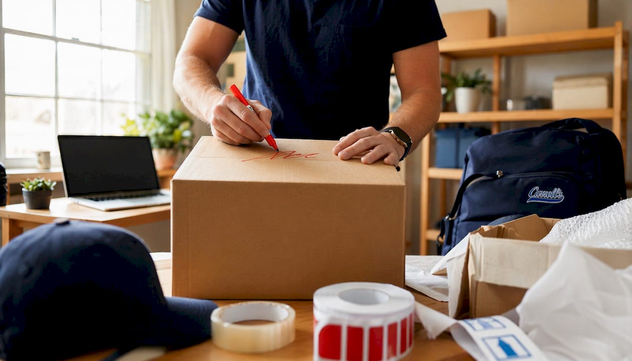 Hands labeling cardboard box for storage