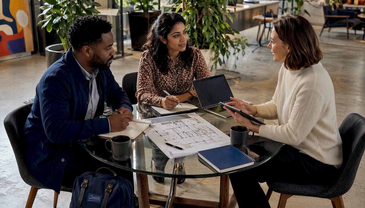 Team negotiating office lease in conference room