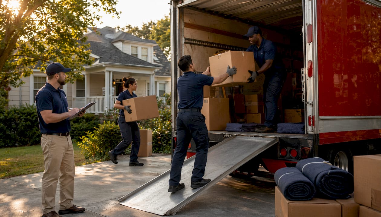 Family movers loading boxes into truck at home