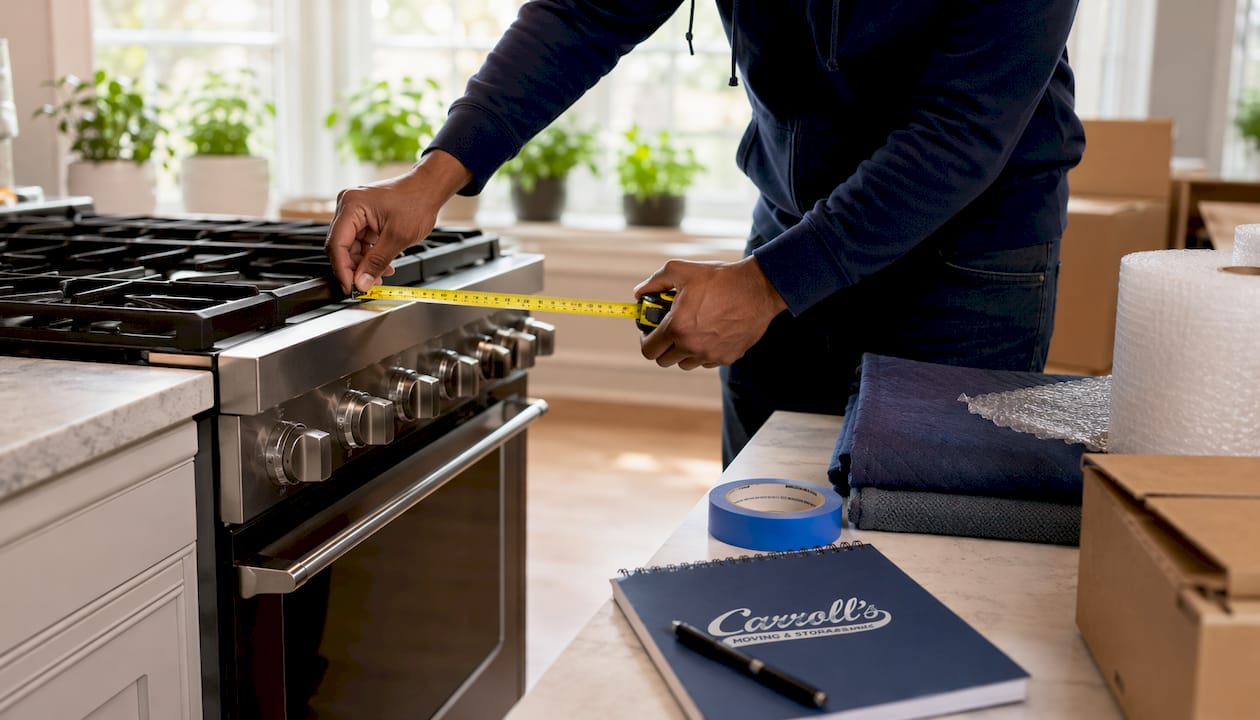 Hands measuring refrigerator width in kitchen