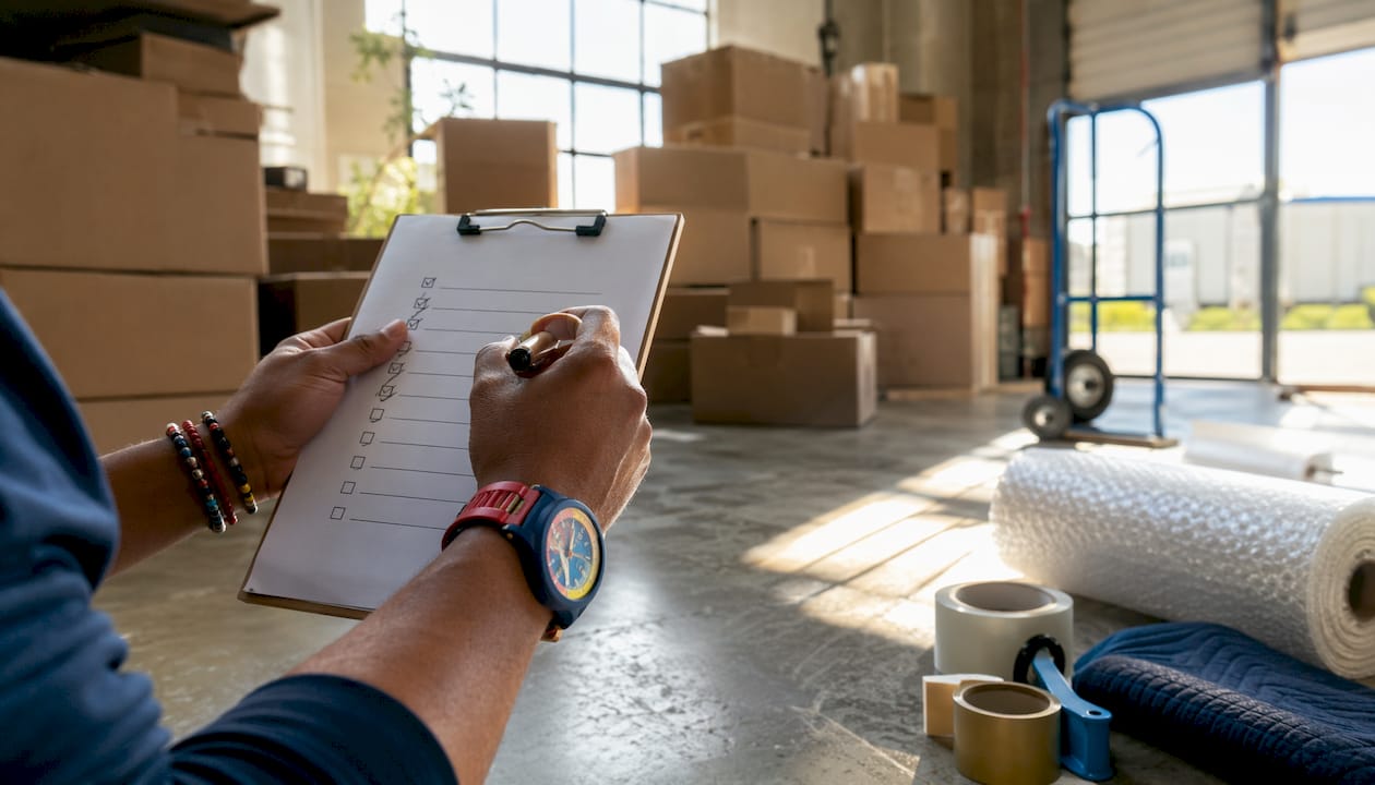 Hands checking inventory list near moving boxes