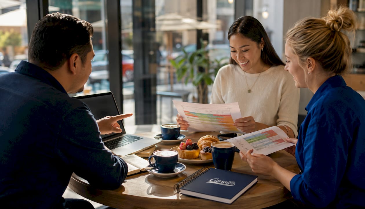 Team coordinating office move timeline around table