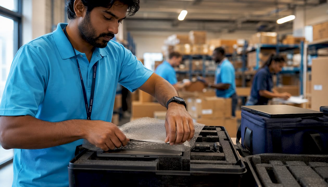 Hands packing IT equipment in foam crate