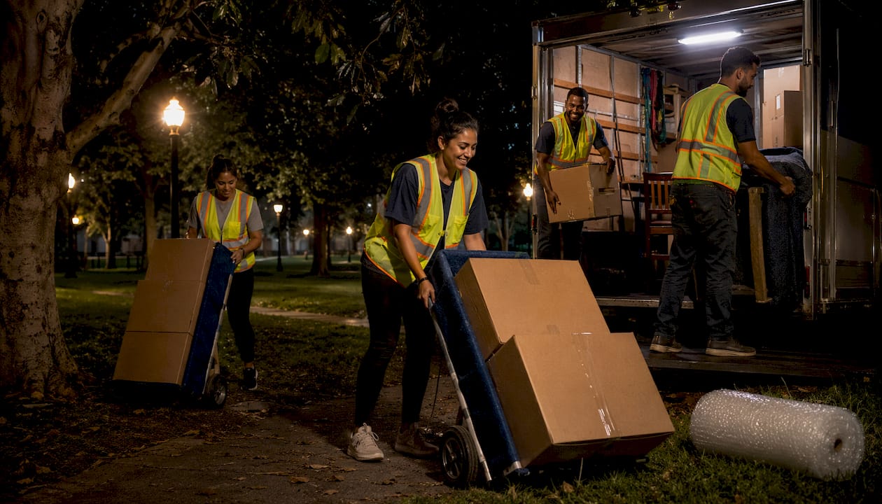 Moving crew loading truck during nighttime move